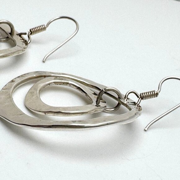Hammered Sterling Silver Dangle Earrings Wavy Double Circle Design Vintage - Picture 6 of 8